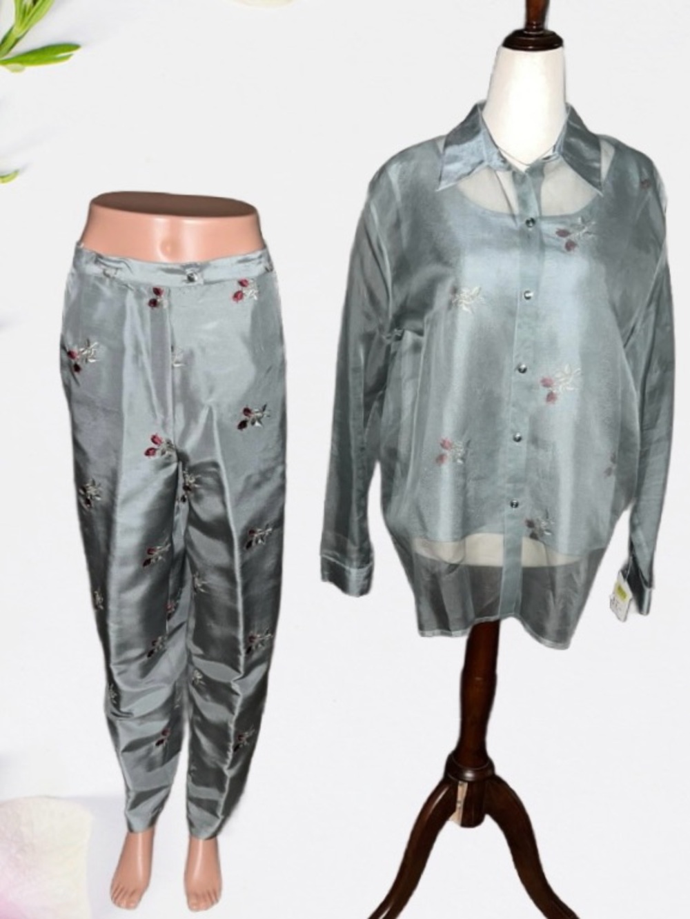 Silks by I.S.C. ~ Large ~ Green/Red ~ Embroidery Rose ~ Silk ~ Pants/Blouse ~New